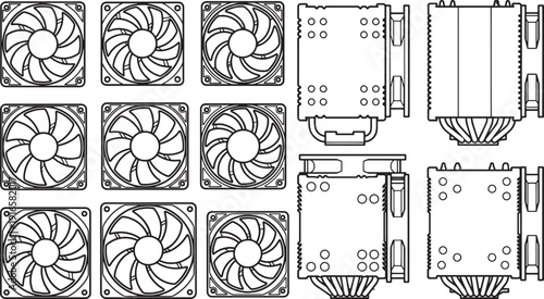 Arrangement of computer cooler, a collection of cooling fans and heatsinks, in a structured, top-down perspective, showcasing technological efficiency.