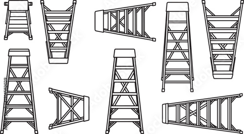 Various perspective of a classic stepladder, a tool for reaching new heights and providing versatility, meticulously sketched, this image encapsulates the essence of this timeless tool.