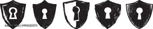 A set of shield icons with keyhole designs on a white background vector silhouette