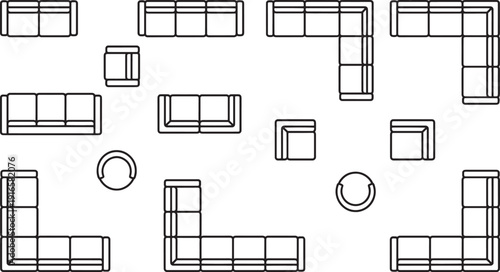A detailed top-down schematic illustration showcasing a furniture arrangement.