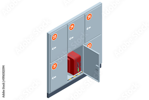Open locker with suitcase. Isometric luggage locker wall with numbered storage boxes and open door with red suitcase inside. Secure baggage storage concept in airport or station interior.