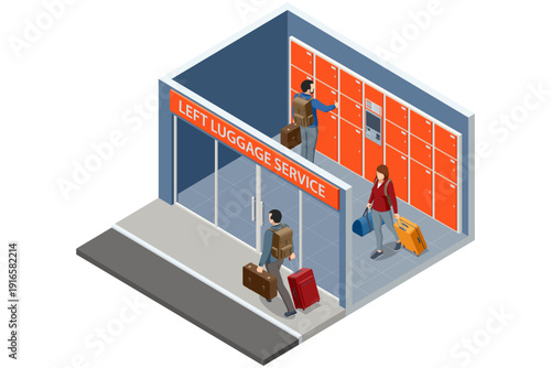 Isometric multicolor luggage locker system with digital control panel. Automated baggage storage unit for airport, train station, or bus station interior