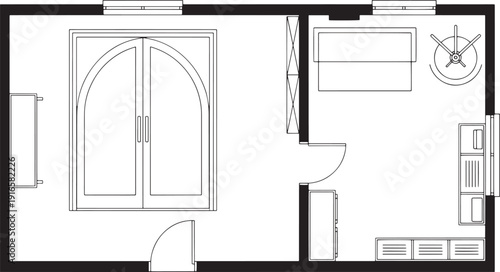 Architectural blueprint of a modern and stylish room, offering a top-down view of the layout, showcasing elegance and functionality in design.