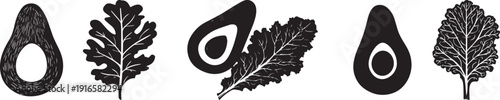 A set of avocado and kale leaf icons for healthy food and organic nutrition on a white background vector silhouette