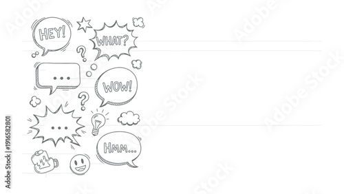 Communication Cloud Sketch: A collection of expressive speech bubbles and thought bubbles.