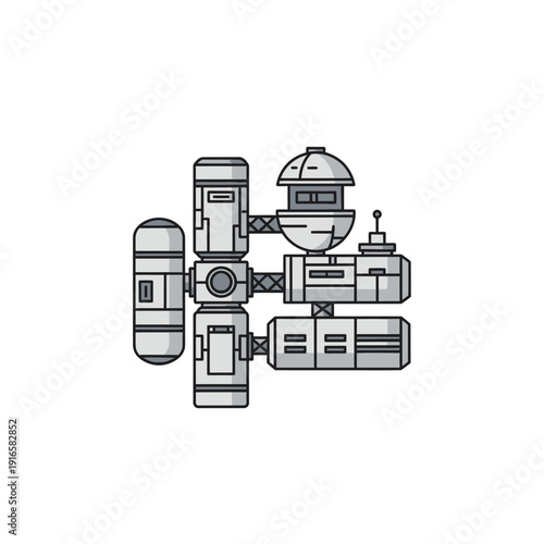 Modular space station icon, private commercial orbital habitat, flat vector illustration of future space architecture
