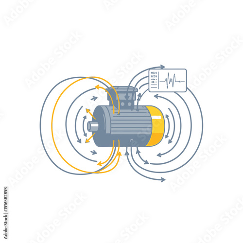 Electric motor icon showing magnetic field lines, flux monitoring concept, flat vector illustration of physics and engineering