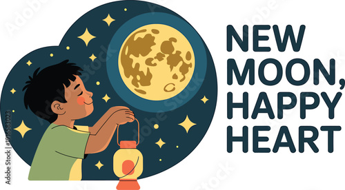 Boy holding lantern looking at full moon with stars night