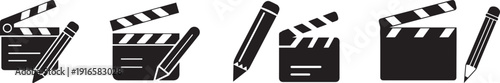 A set of clapperboard and pencil icons for movie production and scriptwriting on a white background vector silhouette
