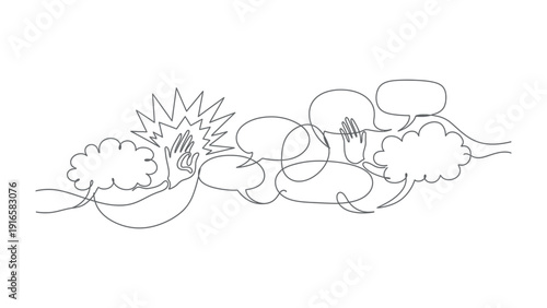Line Drawing Conversation: A captivating minimalist illustration showcases an intertwined conversation, represented by flowing lines, speech bubbles and hand gesture expressing communication. 