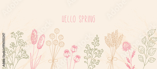 Spring horizontal banner with hand drawn chalk threads flower collection. Vector illustration dried or wild herbs set. Vector illustration.