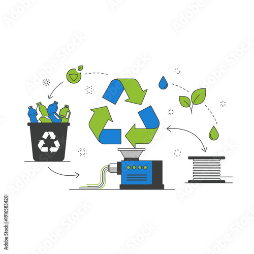 Recycling plastic into 3D filament icon, circular economy process, flat vector illustration of sustainability