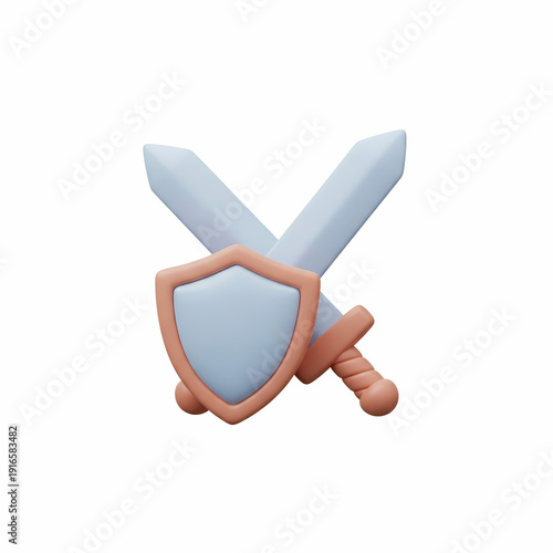 Crossed sword and shield 3d game asset or security icon