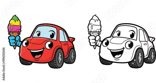 Cute red cartoon car holding ice cream cone and black and white outline for coloring book page vector illustration
