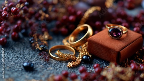 Luxury jewelry rings with gemstones on textured surface