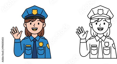 Friendly Cartoon Female Police Officer Waving - Public Safety