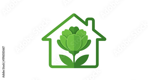 Green House Symbol with Blooming Flower Inside.