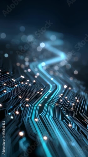 Futuristic blue glowing circuit board with dynamic lines and electronic pathways, symbolizing advanced technology and digital innovation. Modern abstract background for tech concepts