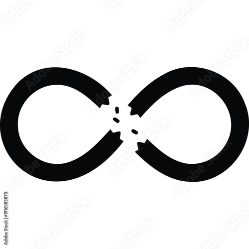 Broken Infinity Symbol on White Background: Fragments Scattered, Stylized Black Design, Conceptual Loss, Endlessness Interrupted