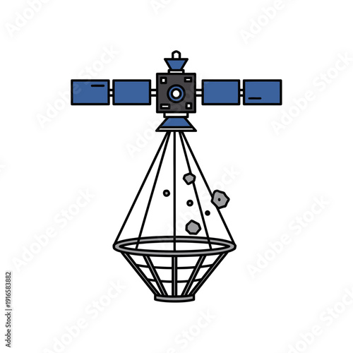 Satellite capture net deployment icon, active debris removal, flat vector illustration of space cleanup