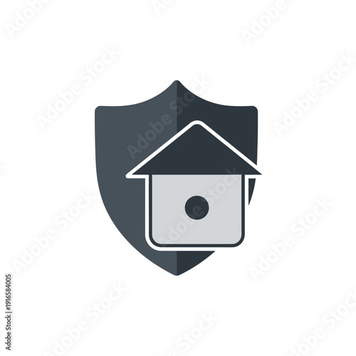 Shield icon covering house, home security system protection, flat vector illustration of safety and insurance