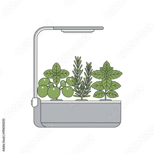 Smart garden indoor herb planter icon, hydroponic grow light system, flat vector illustration of agritech