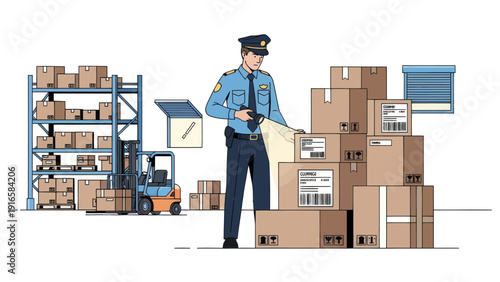 Customs Officer Inspecting Packages in a Warehouse with Forklift and Shelves.