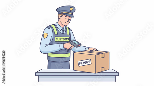 Customs Officer Scanning Fragile Package at Inspection Desk. Vector Illustration. EPS Editable