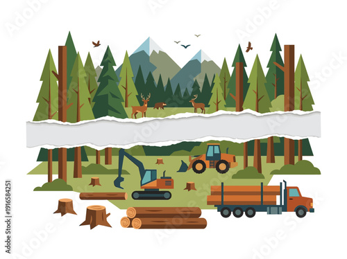 Deforestation and Reforestation A Tale of Two Forests. Vector Illustration. EPS Editable