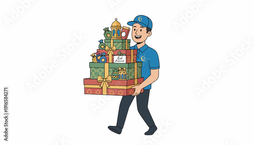 Delivery man carrying a large stack of gift boxes. Vector Illustration. EPS Editable