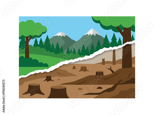 Deforestation concept showing forest destruction and tree stumps. Vector Illustration. EPS Editable