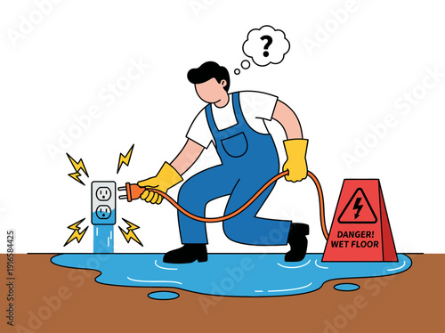 Electrician confused by sparking outlet and wet floor danger sign. Vector Illustration. EPS Editable