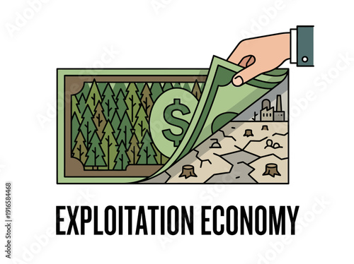 Exploitation Economy Depicting Environmental Destruction for Profit. Vector Illustration. EPS Editable