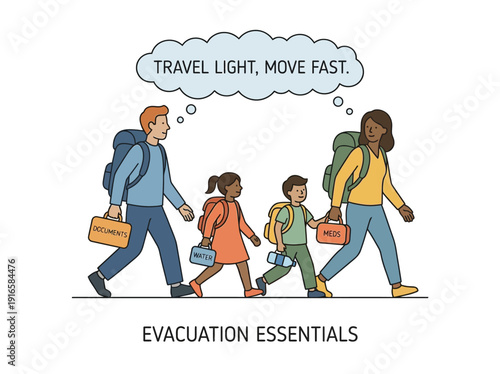 Family Evacuating with Backpacks and Essentials. Vector Illustration. EPS Editable