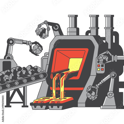 Smelter processing space ore icon, orbital metallurgy, flat vector illustration of extraterrestrial manufacturing