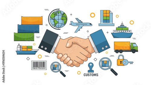 Global Logistics and Supply Chain Partnership with Handshake and Transport Icons.