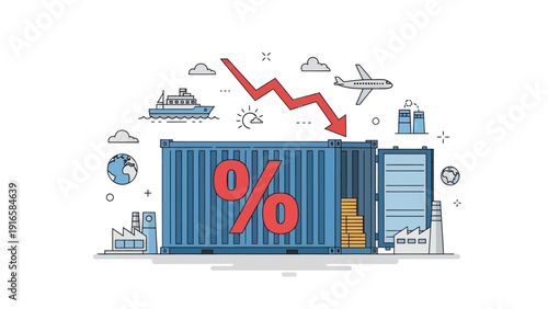 Global Trade Decline and Economic Downturn Represented by Shipping Container and Downward Arrow.