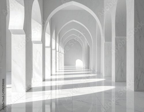 Serene White Arched Hallway with Sunlight and Shadows Reflecting on Marble Floor Architectural Interior Design Perspective