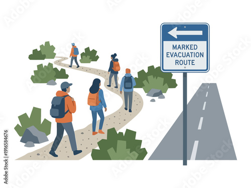 Group of hikers following a marked evacuation route sign. Vector Illustration. EPS Editable
