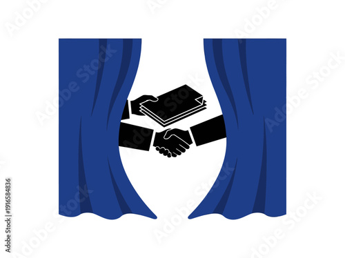 Hidden agreement behind blue curtains secret deal concept. Vector Illustration. EPS Editable