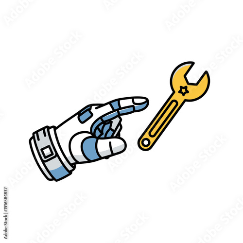 Space suit glove performing task icon, eva repair work, flat vector illustration of orbital maintenance