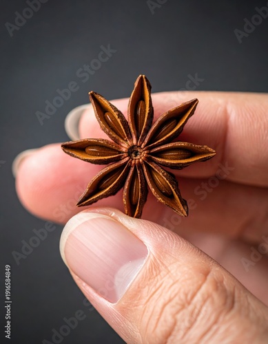 Close up of a hand holding a single star anise spice with dark brown color and star shape against a blurred dark background