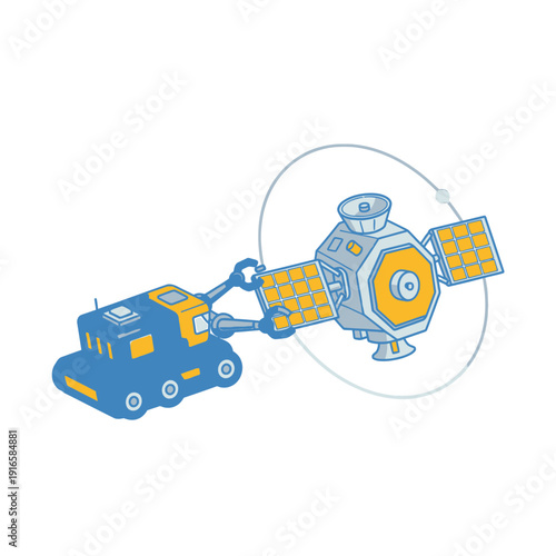 Space tug vehicle moving satellite icon, orbital logistics and transport, flat vector illustration of service
