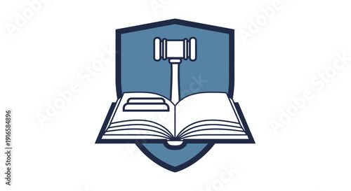 Legal Symbolism of Gavel and Open Book within Shield.