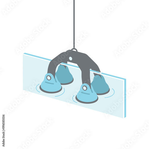 Suction cup gripper lifting glass icon, industrial vacuum handling, flat vector illustration of automation