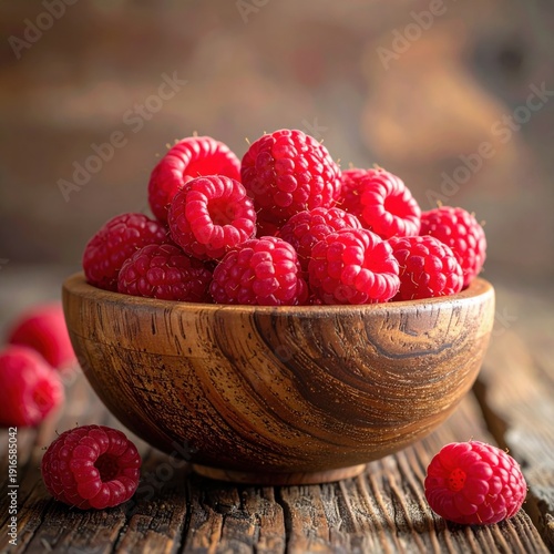 A Rustic Wooden Bowl Filled With Fresh Vibrant Red Raspberries On A Distressed Wooden Surface With Scattered Berries And Soft Focus Background