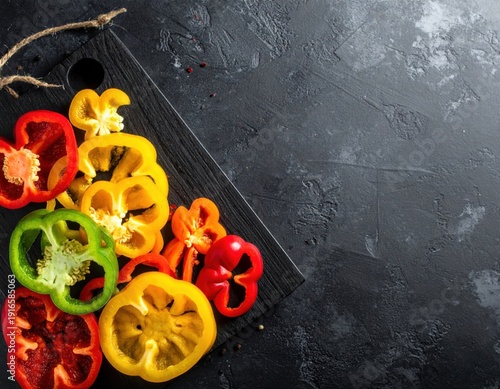 Vibrant Sliced Bell Peppers Red Yellow Green Orange Arranged On Dark Cutting Board With Textured Background Overhead View