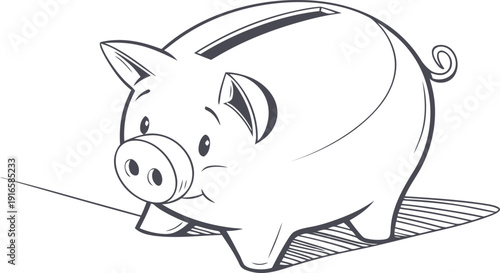 Cheerful Piggy Bank Black and White Sketch on Striped Shadow, Representing Personal Finance and Childhood Savings Isolated white background