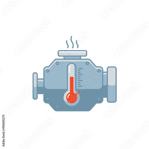 Thermometer icon on machine engine, overheating alert, flat vector illustration of mechanical warning