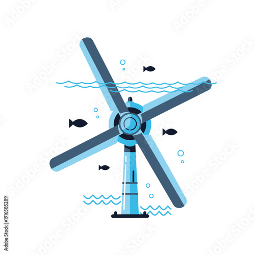 Tidal turbine underwater unit icon, hydro energy generation, flat vector illustration of ocean power